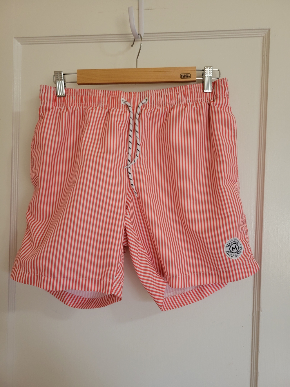 Maamgic Swim Shorts Mens L Red Striped Lined Drawstring Board Shorts Beach Club